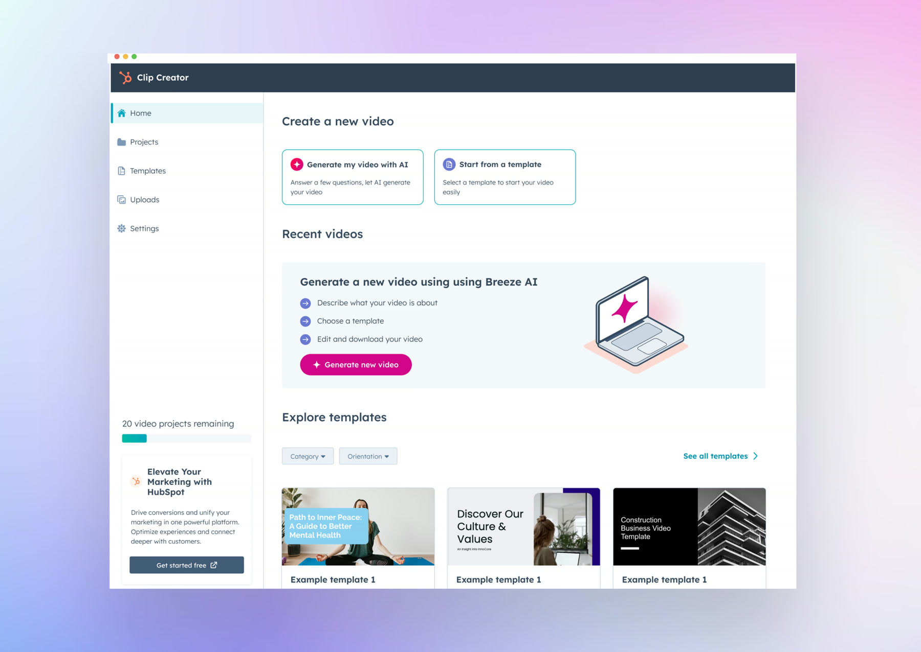 The phase-two Clip Creator home dashboard with creation routes, recent videos and HubSpot product bridge