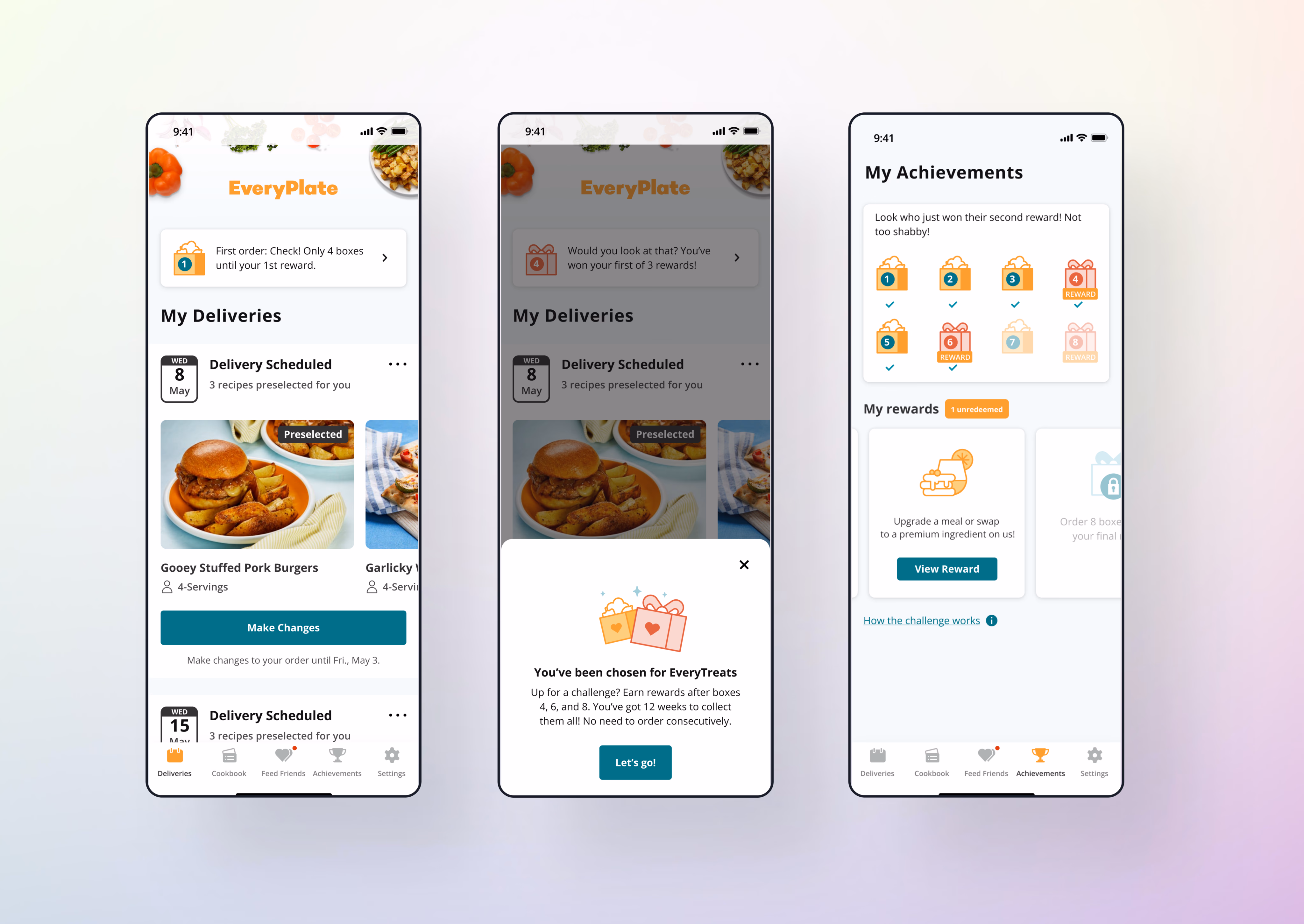 Three EveryPlate Loyalty screens showing progress, onboarding and earned rewards