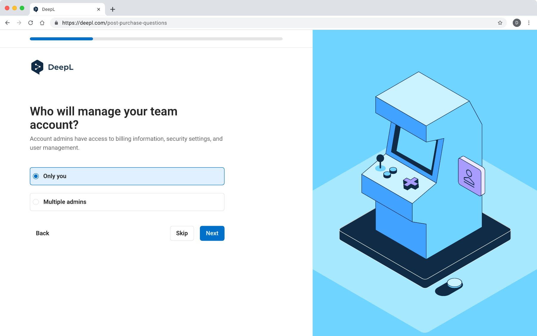 Shipped questionnaire asking who will manage the team account