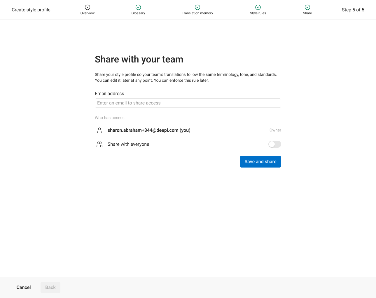 Final step of the DeepL style profile flow for sharing with the team