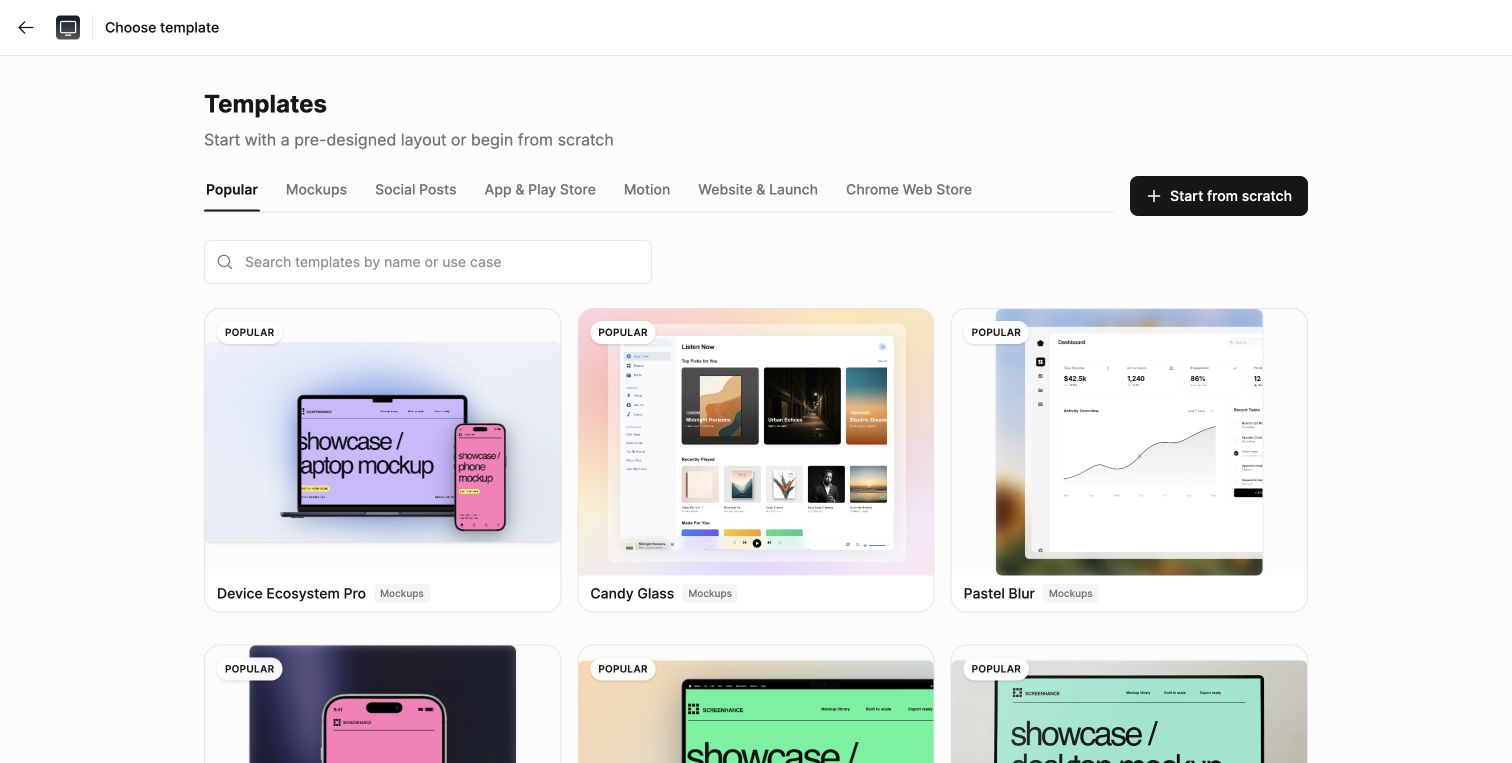 Screenhance template library with mockup, store and launch formats