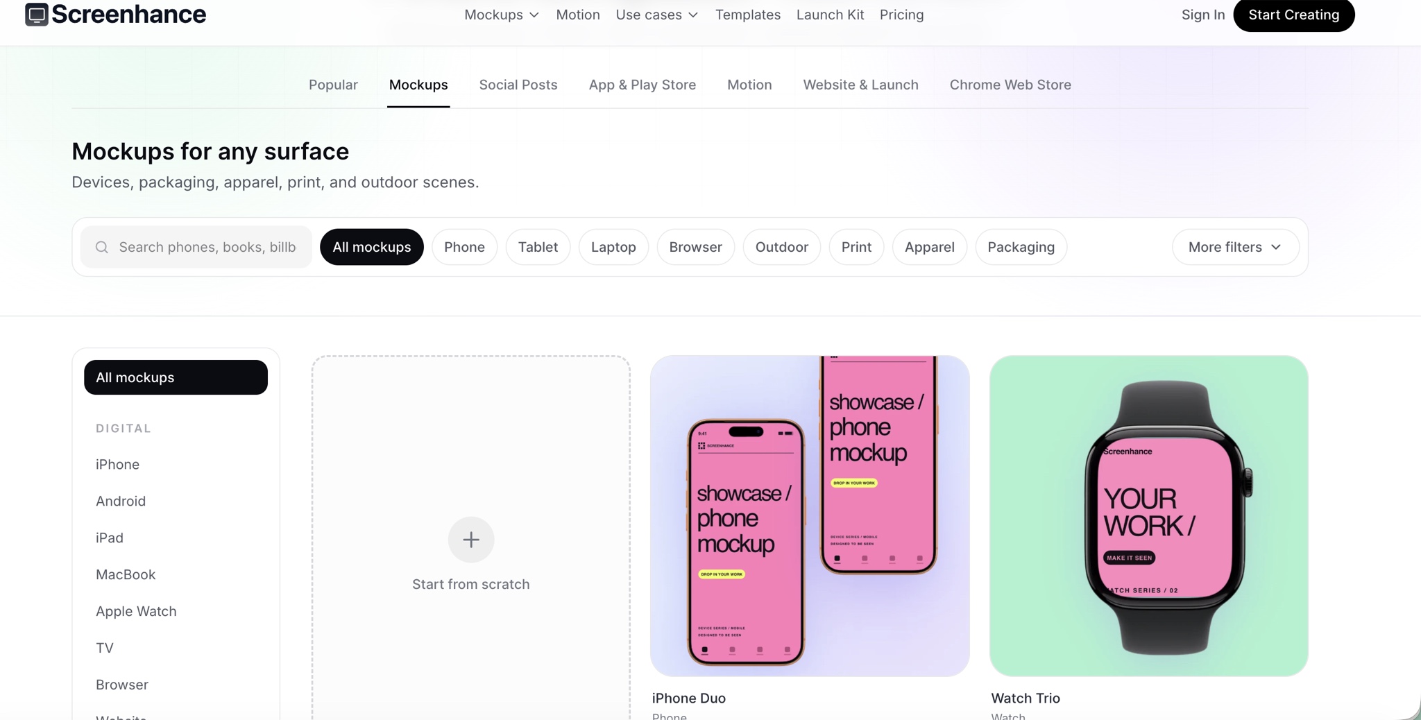 Screenhance mockup library organised by surface and use case
