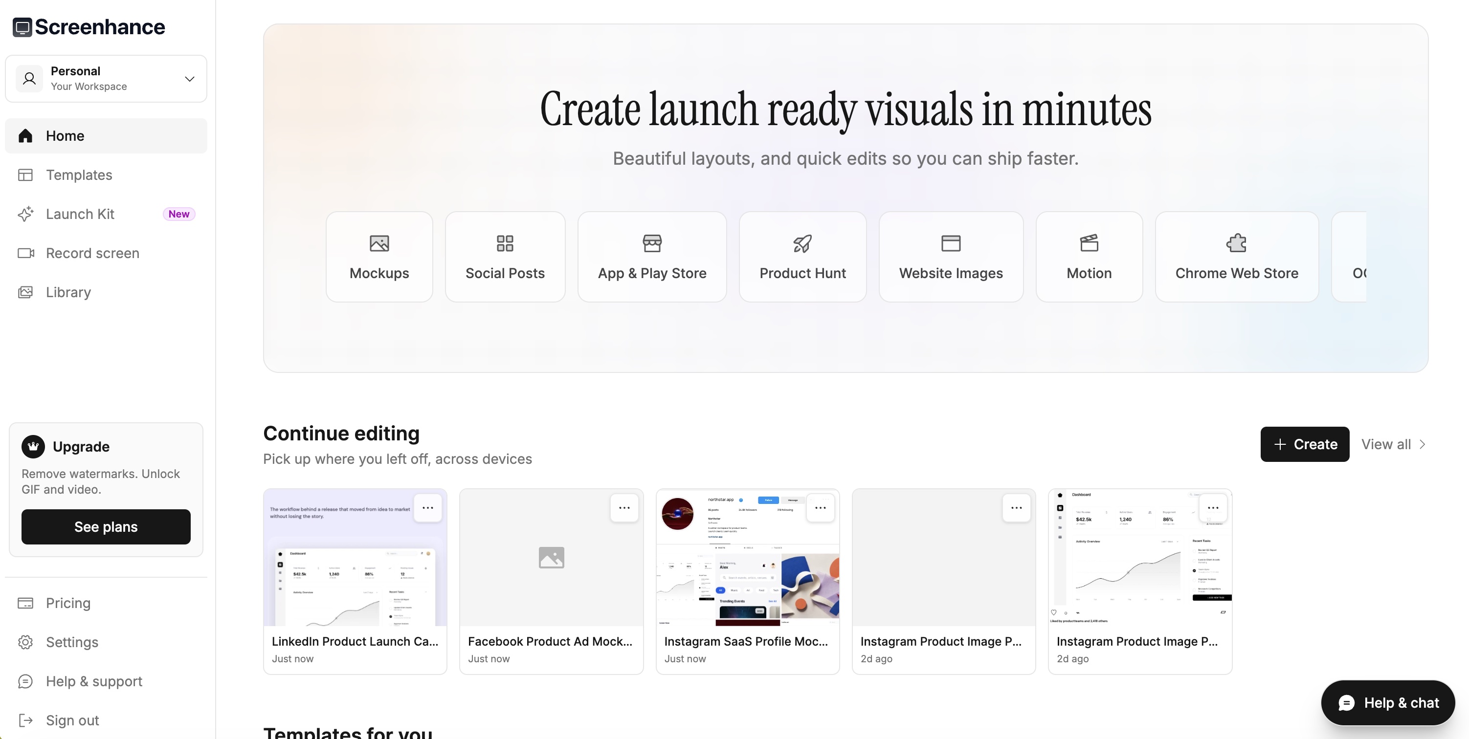 The Screenhance workspace showing launch visual tools and recent projects